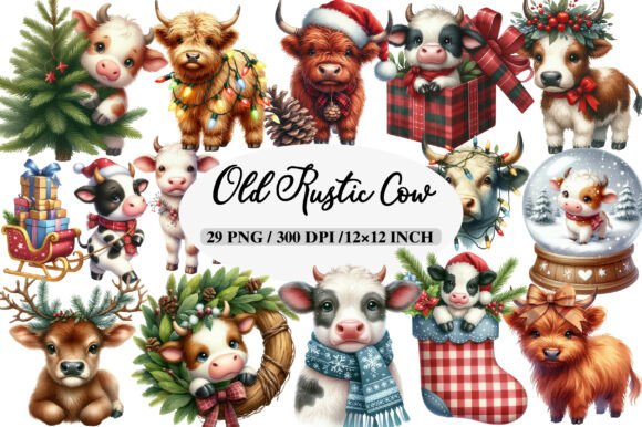Download Old Rustic Christmas Cow Clipart - Christmas Collection