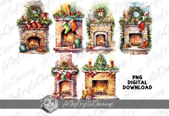 Download Watercolor Stocking Christmas Fireplace - Christmas Collection
