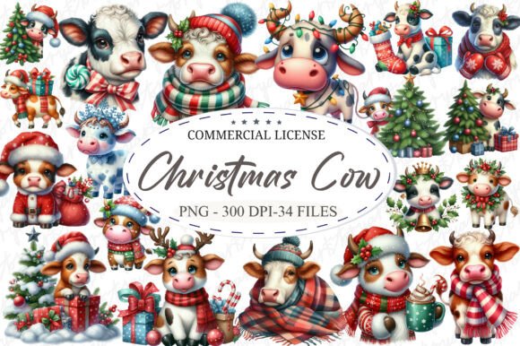 Download Whimsical Christmas Cow Clipart PNG - Christmas Collection
