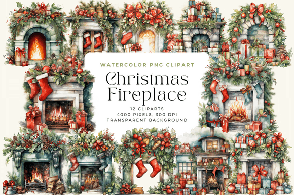Download Watercolor Christmas Fireplace Cliparts - Christmas Collection
