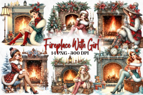 Download Christmas Fireplace with Girls Clipart - Christmas Collection