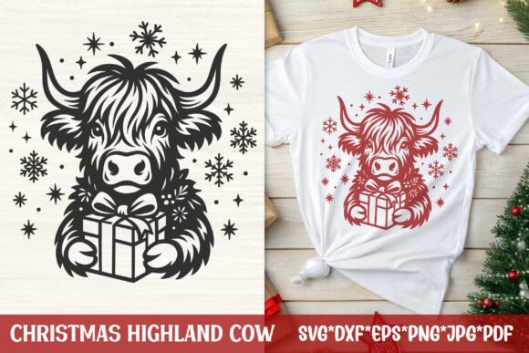Download Christmas Highland Cow with Gift SVG - Christmas Collection