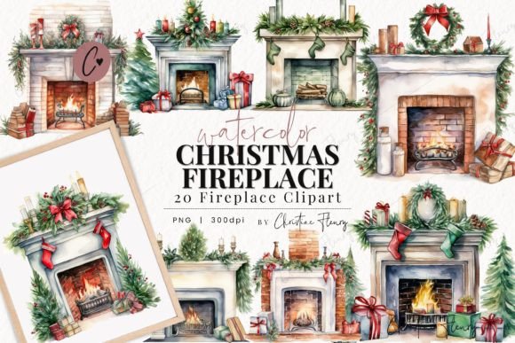 Download Watercolor Christmas Fireplace Clipart - Christmas Collection